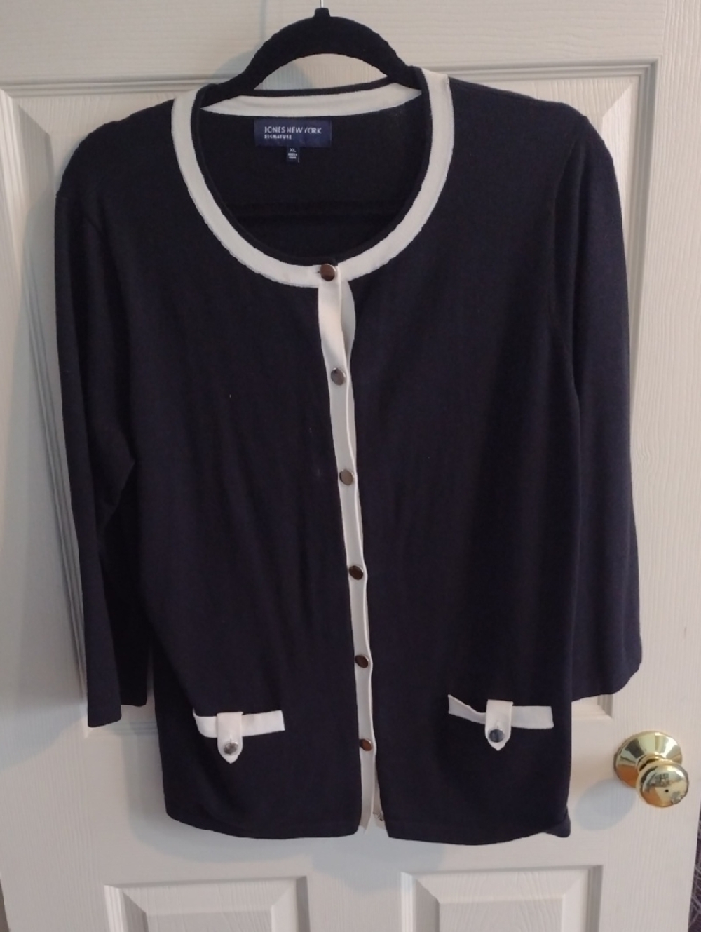 Jones New York Black  Cardigan with White Trim  Button Down